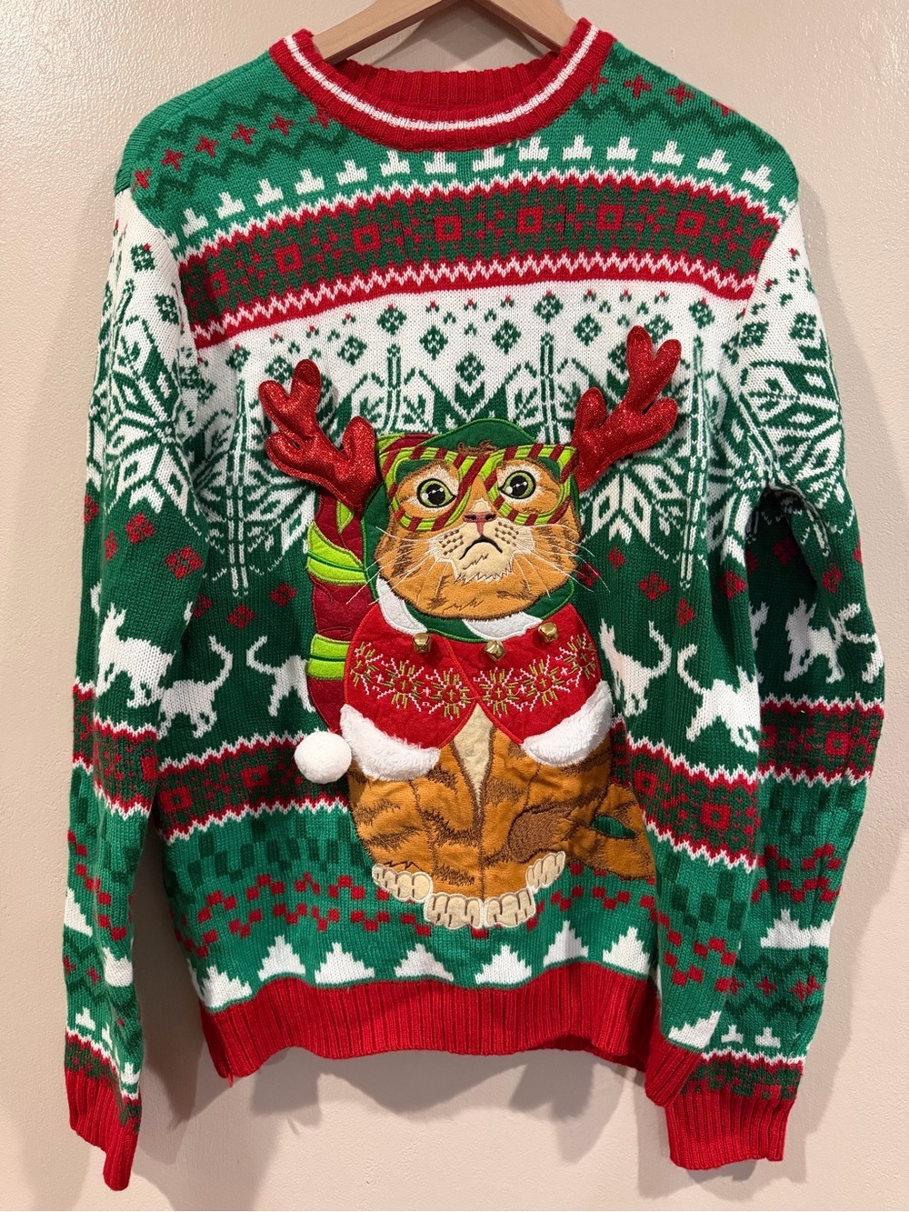 EUC Festive Green & Red Cat Reindeer Holiday Sweater - Cat Theme Large